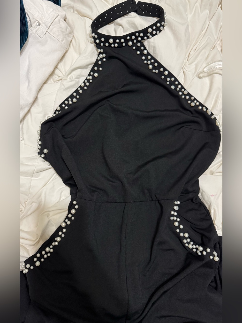 Black Pearl-Trim Halter Backless Jumpsuit